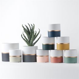 Llight Luxury Ceramic Flowerpot Golden Circle Paint Succulent Planter Green Plants Orchid Round Shape Flower Pot With Hole Tray 210922