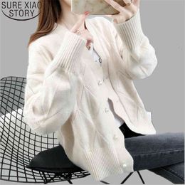 Solid 4 Colors Loose V-Neck Bead Cardigan Fashion Knitted Jacket Sweater Women Autumn and Winter Sweaters 11861 210417