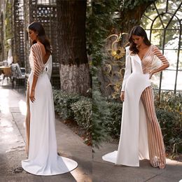 2021 Unique Design White Splicing Mermaid Wedding Dress V Neck Bridal Gowns Backless Beads Arabic Marriage Dresses Robe De Mariee