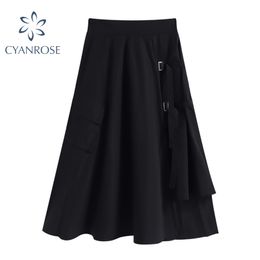 Streetwear Loose Black Skirts Women High Waist Elastic Patchwork Cloth Fashion Skirts Ladies Harajuku Relax Gothic Clothes 210417
