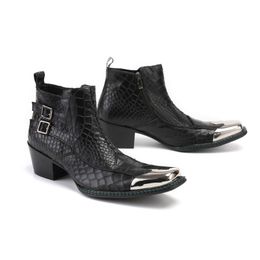 Rock British Fashion Men's Boots Black Buckles Man's Genuine Leather Ankle Boots Shoes Heels Personality, 38-46