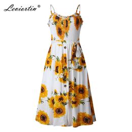 Leviortin Designer Sunflower Dress Beach Summer Button Down Dress for Women Elastic Chest Strapless Print Flower Dress 210527