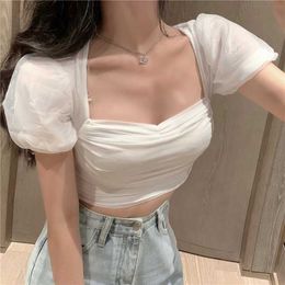 WOMENGAGA T Shirt Women's Fashion Short White Tight Mesh Puuf Sleeve Sexy Square Collar Top Summer Tees 7EDY 210603