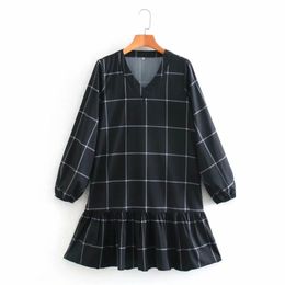 Spring Women Plaid Printing Black Mini Dress Female V Neck Lantern Sleeve Clothes Casual Lady Loose Vestido D7087 210430