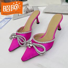 2022 spring and summer new 6.5cm high-heeled slippers transparent glue bow crystal decorative Wedding Party Princess sandals
