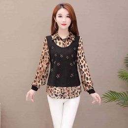 Elegante Blusas Mujer De Moda Plus Size Stitching Fake Two-Piece Shirt Leopard Print Middle-aged Elderly 301B 210420