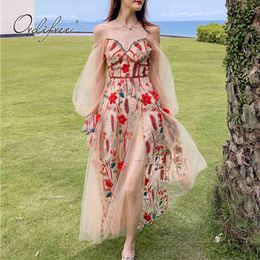 Summer Vintage Women Floral Embroidery Long Sleeve Retro Flower Sexy Transparent Tulle Maxi Dress 210415