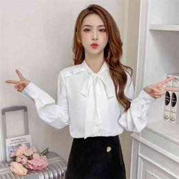 Women's Spring Autumn Tops Korean The Solid Color Bow Chiffon White Shirt Stand-up Collar Loose Slim Blouse Top LL637 210506