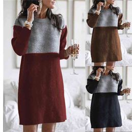 Autumn And Winter Womens Sweater Dresses Stitching Loose Large Size Round Neck Long Sleeve Woman Dress Vestido De Mujer 210517