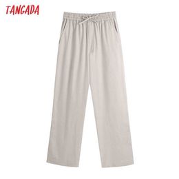 Tangada Women Fashion Pockets Wide Leg Pants Vintage High Elastic Waist Drawstring Female Ankle Trousers Mujer BE917 210609