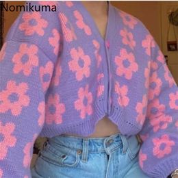 Nomikuma Retro Flower Women Sweater Loose Fashion Single Breasted Long Sleeve Cardigans Sweet V Neck Slim Female Tops 3d266 210514