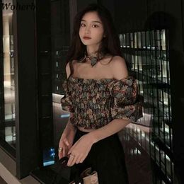 Fashion Women Blouse Lady Loose Off Shoulder Floral Printed Tops Casual Short Sleeve Shirt Summer Halter Top Blusa 210422