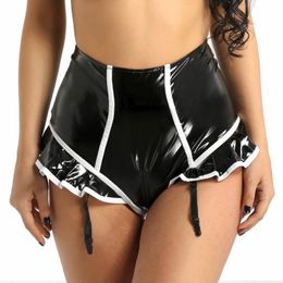 Women Lingerie Sissy Latex Panties Sexy Wet Look Faux Leather Underwear Zipper Open Crotch High Waist Shorts Clubwear Women's