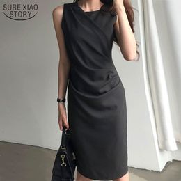 Solid Colour Women Summer Dress Cotton O-Neck Slim Sleeveless Dress Temperament Casual Office Lady Buttock Dress Vestidos 13952 210417