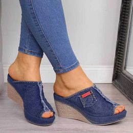 Summer Ladies Shoes With Heels Stylish Womens Blue Cowboy Comfortable Open-Toe Shoes Wedges Platform Open Sandals Slipper Y0721