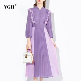 VGH Purple Elegant Dress For Women Stand Collar Lantern Long Sleeve High Waist Midi Pleated Dresses Female Korean Spring Fashion 210421