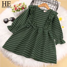 HE Hello Enjoy Autumn Children Clothes Green Long Sleeve Baby Girls Princess Dress Striped Ruffles Sleeve Kids Casual Dress G1026