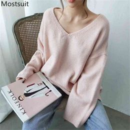 Oversized Knitted Women Sweater Pullover Full Sleeve V-neck Loose Casual Fashion Tops Jumpers Korean Elegant Ladies 210513