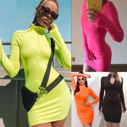 Women Bodycon Dress Spring All-Match Sexy Deep V Neck Solid Colour Bag Hip Short Lady Casual Fluorescent Green es 210517