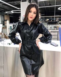 Leather Shirts Dress Casual Ladies Lapel Buttons Black PU Dresses With Belt Winter Autumn Long Sleeve Women Slim Fit Dress 210521