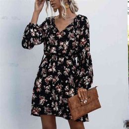 Foridol Black Floral Print Dress Casual Long Sleeve Beach Dresses Short Elegant office lady Dress autumn Female 210415