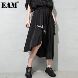 [EAM] High Elastic Waist Black Irregular Letter Print Spliced Half-body Skirt Women Fashion Spring Autumn 1DD8133 210512