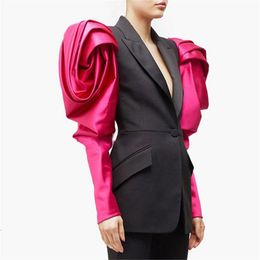 Women Suits Jacket Autumn Winter Contrast Color Puff Sleeve Patchwork Professional Sets Female Pink Slim Waist Commute Banquet Women's & Bla