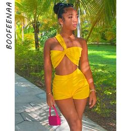 BOOFEENAA Sexy Two Piece Set Solid Irregular One Shoulder Crop Top High Waisted Shorts Summer Outfits for Women 2021 C85-BE14 X0428