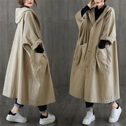 Spring Autumn Size Women Long Windbreaker Outwear Hooded Black Casual Cotton Pockets Cardigan Loose Oversize Female Over Coat 210914