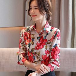 Korean Chiffon Women Shirts Woman Blouses Long Sleeve Floral OL Tops Plus Size Blusas Femininas Elegante 210531