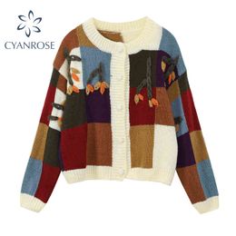 Spring Knitted Sweaters Tops Women Floral Embroidery Cardigan Plaid Knitwear Elegant Casual Loose Long Sleeve Korean Ladies 210417