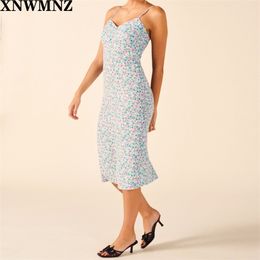 Fashion Blue Pink Floral Print Vestidos spaghetti strap women Midi Dress Slim Center Ruched Dresses vadim+ 210520