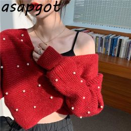 Chic Retro Sexy Red Off The Shoulder Sweater Women Short Pearl Cross Autumn Knitted Puff Long Sleeve Top Fashion Jumpers 210610