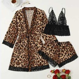Women's Pyjamas leopard print ice set lace fun charm comfortable home clothes three piece set 211202