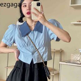 Ezgaga Summer Contrast Lapel Chic Blouse Women Puff Short Sleeve Single-breasted Crop Tops Vintage Korean Fashion Shirts Casual 210430