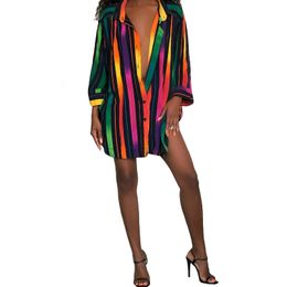 Colourful Striped Shirt Dress Mini Long Sleeve Sexy Rainbow Stripes Casual Fashion Loose Buttons Women Autumn Large Size Lady 210416