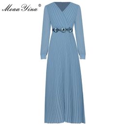 Fashion dress Spring Women Dress V-neck Split Long sleeve Beaded Belt Pleated Dresses 210524