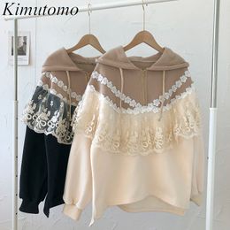 Kimutomo Hoodies Women Spring Autumn Sweet Japanese Style Girls Lace Patchwork Long Sleeve Pullovers Outwear Casual 210521