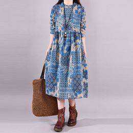Johnature Spring Korean Cotton Linen Retro Floral Print O-neck Pockets Long Sleeve Dress Loose Comfortable Women Dress 210521