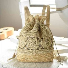 Summer Drawstring Lace Crochet Straw Beach Bags Designer High Quality Female Hollow Out Flower Handmade Knitted Backpack... Q0528