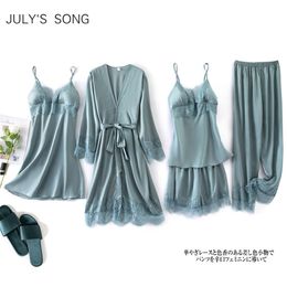 JULY'S SONG 5 Pieces Solid color Satin Pajama Set Sexy Faux Silk Sleepwear Fashion Breathable Lace Thin New Autumn Robe Homewear 210330