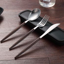 Wooden Handle 304 Stainless Steel Flatware Cutlery Set with Box Silver Dinnerware Tableware Fork Knife Spoon