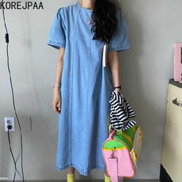 Korejpaa Women Dress Summer Korean Chic Retro Round Neck Back Hollow Buttoned Loose Short-Sleeved Washed Blue Denim Vestido 210526