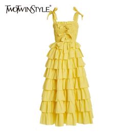 Elegant Summer Dress Square Collar Sleeveless Spaghetti Strap High Waist Patchwork Ruffles Bow Dresses Female 210520