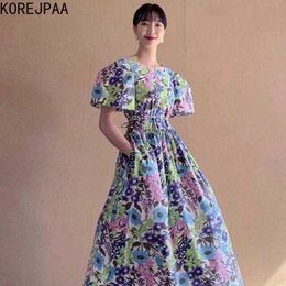 Korejpaa Women Dress Summer Korean Chic Female Elegant Temperament Flower Lace-Up Slimming Puff Sleeve Large Swing Vestidos 210526