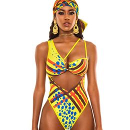 African Printed Swimwear Swimsuit Women High Cut Metal Thong Monokini Brazilian Bandage Bodysuit Bathing Suit 210520