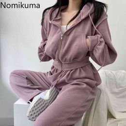 Nomikuma Causal Women Two Pieces Sweat Sets Short Hooded Sweatshirt Coat + Lace Up High Waist Wide Leg Long Pants Suits 6C719 210427