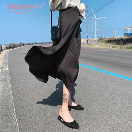 Aelegantmis Korean Casual Vintage Spite Long Skirt Women Elegant Lace Up Loose Beach Female All Match Chic 11 Colors 210607