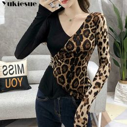 Shirts for women ladies tops long sleeve shirt Leopard V-Neck solid t t top plus size clothing 210608
