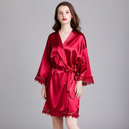 Ice Silk Womens Robe Summer Casual Knee-Length Woman Pajamas Lace Oversize Wedding Mariage Dressing Gown Sexy Pijama 5+Color 210524